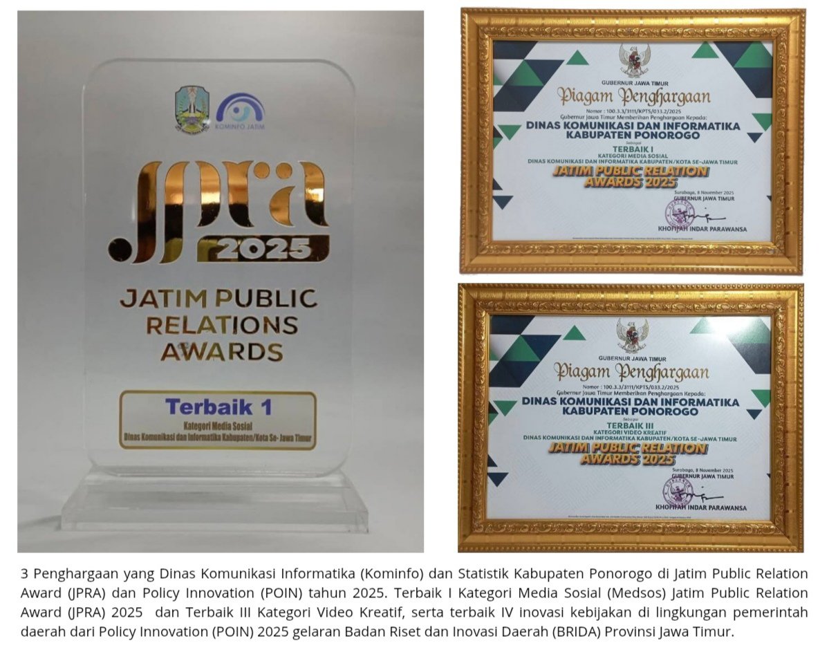 3 Penghargaan Bergengsi Jatim Diraih Kominfo Ponorogo