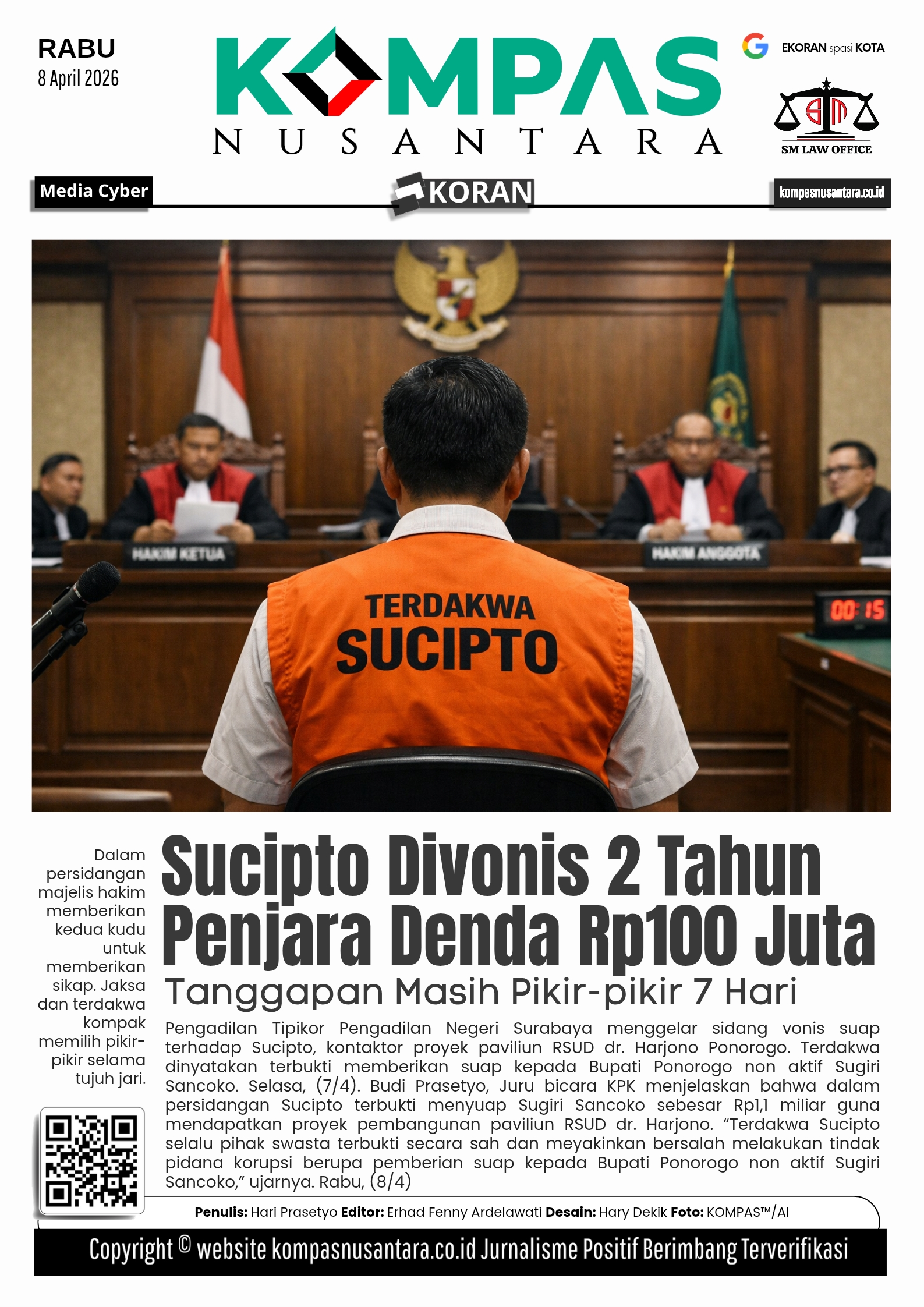 Sucipto Divonis 2 Tahun Denda Rp100 Juta