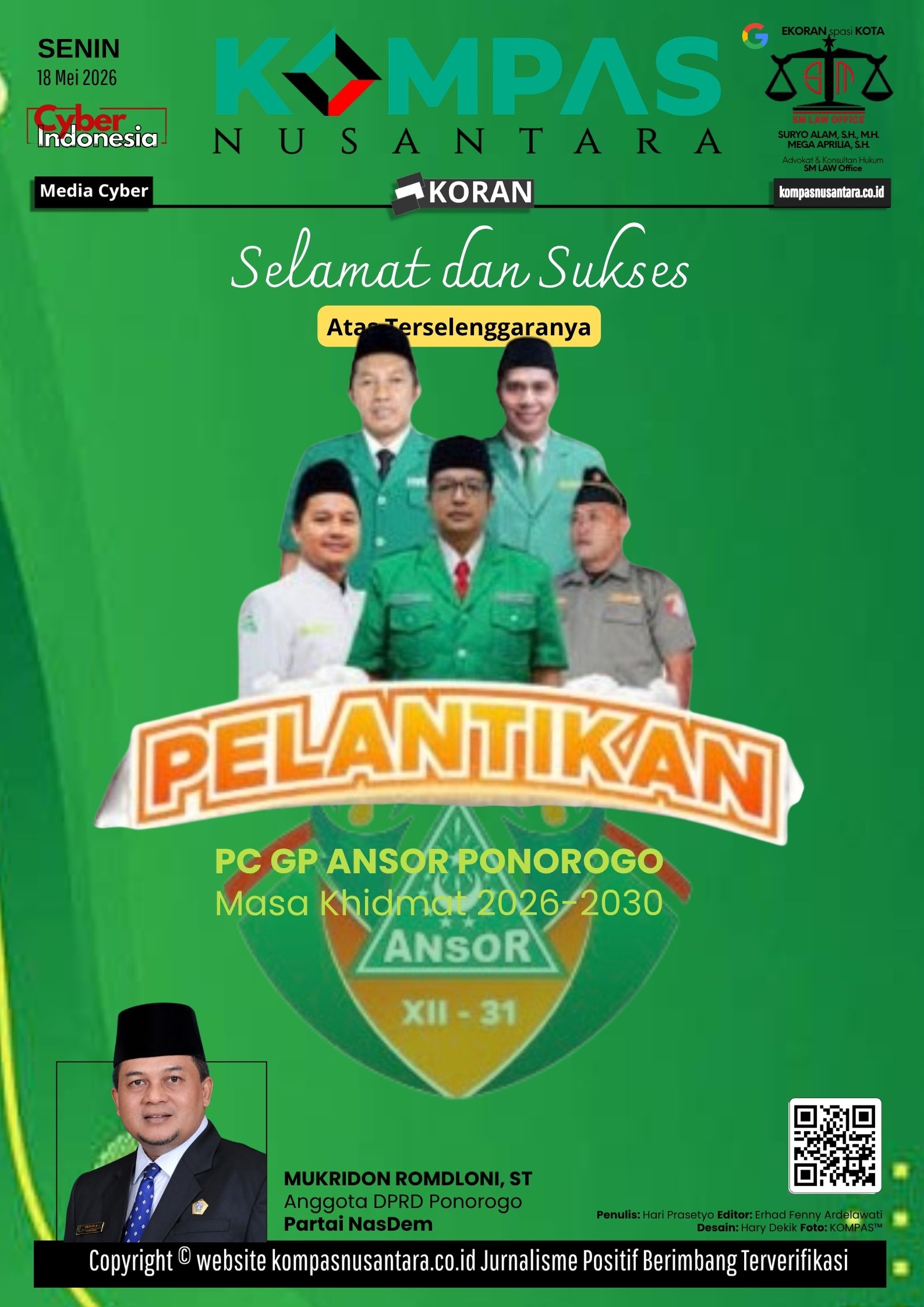 Selamat dan Sukses Pelantikan PC GP Ansor Ponorogo Mukridon Romdloni NasDem